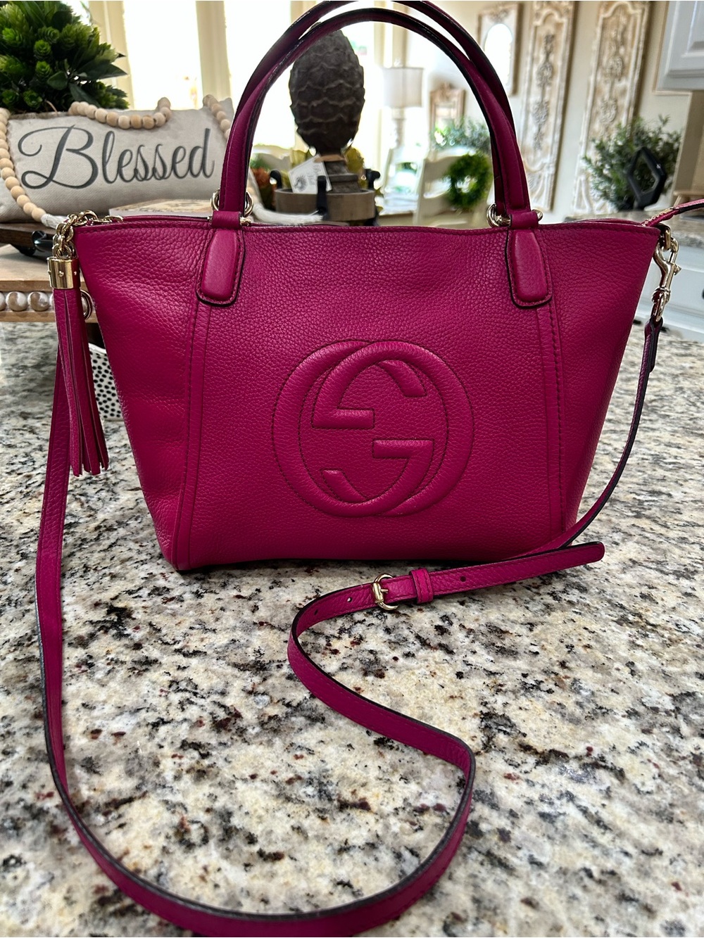 Gucci Fuchsia Pebbled Leather Tote with Tassel and Crossbody Strap